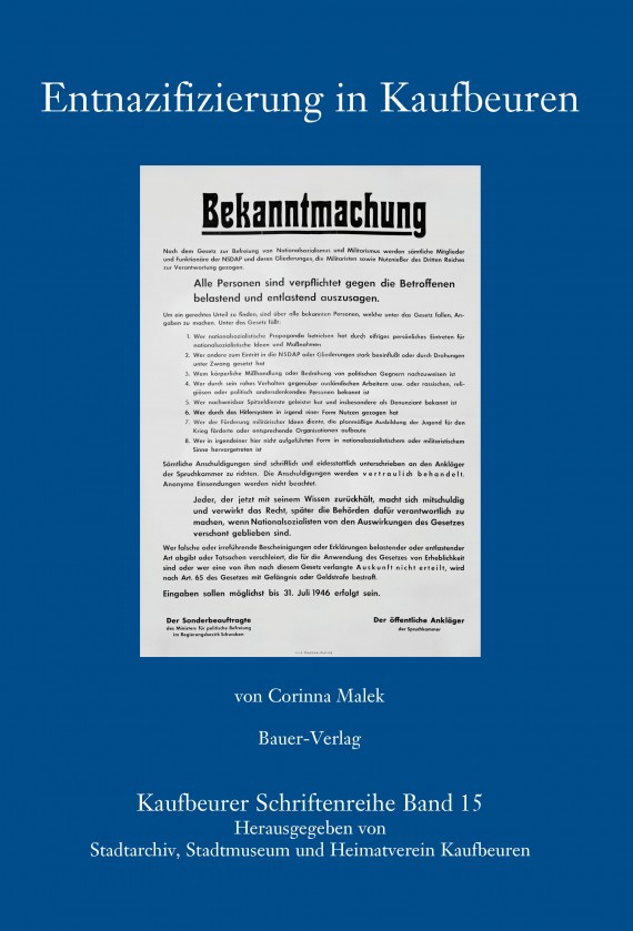 Blaues Buch mit dem Titel: "Entnazifizierung in Kaufbeuren". Auf dem Cover ist ein Bild eines Aushangs zu sehen.