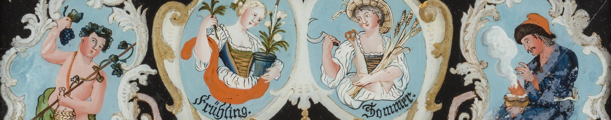 Ausschnitt aus dem Hinterglasbild "Ewiger Kalender": zu sehen sind die Allegorien der vier Jahreszeiten