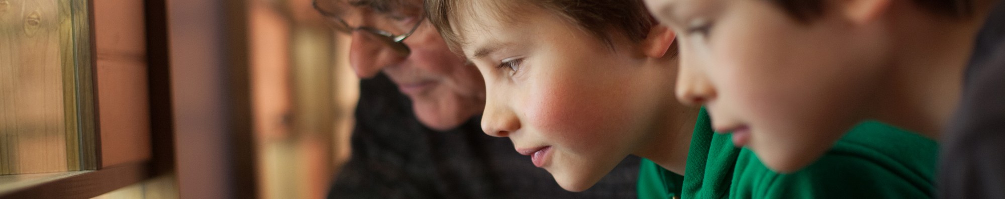 Ein &auml;lterer Mann sieht sich mit zwei Jungen ein Objekt an.