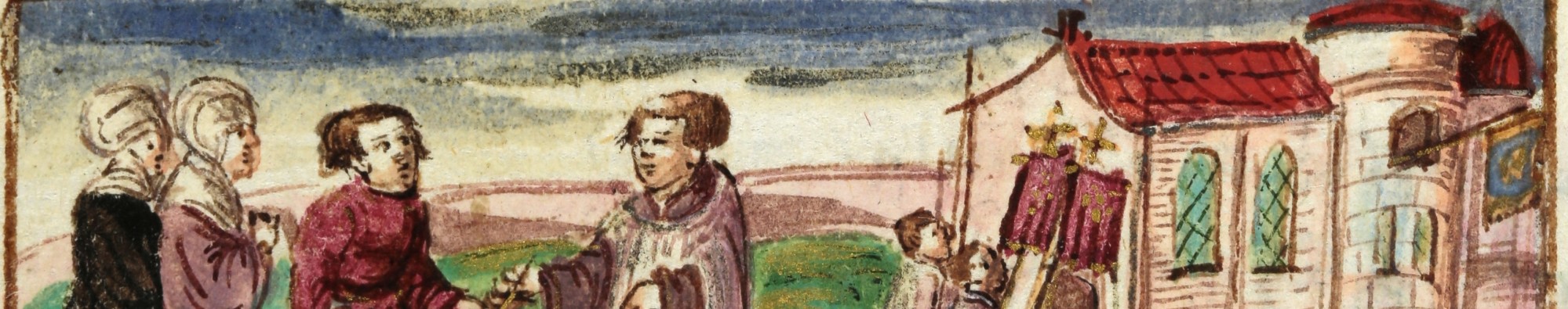 alter Gem&auml;ldeausschnitt: rechts die Stadttore/eine Burg, links vier Personen, die sich unterhalten