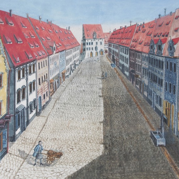 Aquarell der Kaiser-Max-Stra&szlig;e mit altem Rathaus