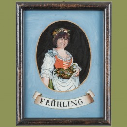 Nachstellung des Hinterglasbildes: Mittels Fotobearbeitung wurde der Kopf einer Frau mittleren Alters auf das Original gebastelt.