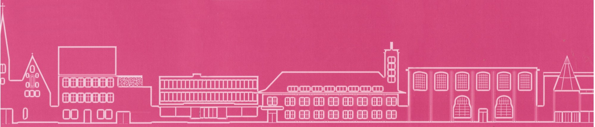 Logo Museumslandschaften: wei&szlig;e Umrisse verschiedener H&auml;uer vor pinkem Hintergrund