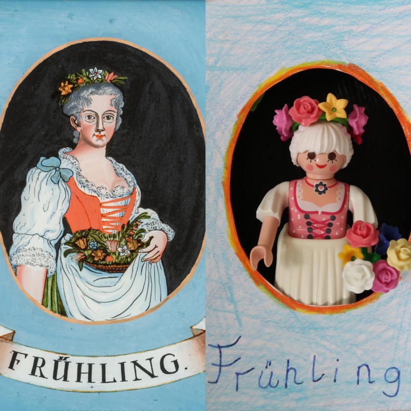 Links: Hinterglasbild " Der Fr&uuml;hling", rechts : nachgemachtes Bild "Der Fr&uuml;hling" mit  Playmobulfigur 