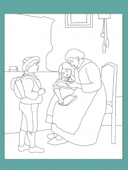 Umrisse des originalen Gem&auml;ldes, in dem eine junge Frau zwei Kindern aus einem Buch vorliest