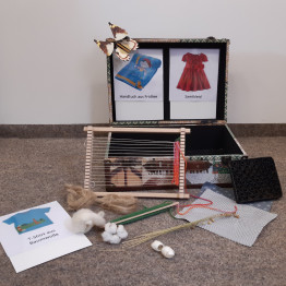 ein aufgeklappter Koffer, an der linken oberen Ecke die "Motte Lotte". Vor dem Koffer ein Handwebrahmen mit Flachs, Baumwolle, eine Spule mit Wolle, eine Abbildung eines T-shirts 