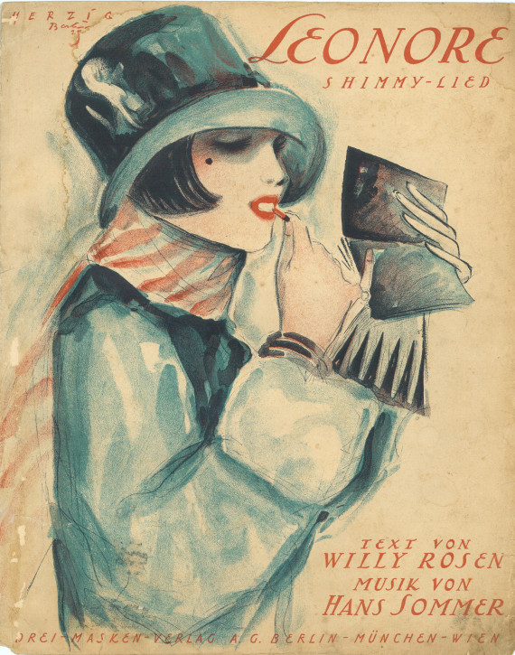 Notenausgabe,eine Frau mit Hut und einem Spiegel in der linken Hand zieht sich die Lippen mit einem Lippenstift nach, mit der Aufschrift Leonore Shimmy-Lied, Test von Willy Rosen, Musik von Hans Sommer, Drei-Masken-Verlag A. G. Berlin - M&uuml;nchen- Wien